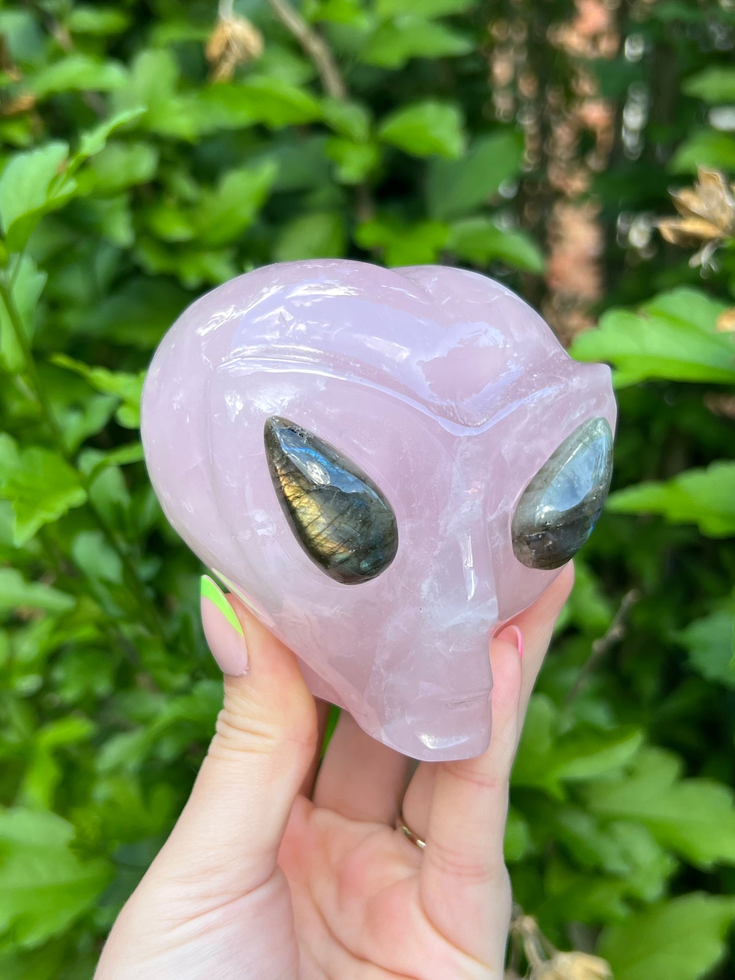 Rose Quartz Alien with Flashy Labradorite Eyes
