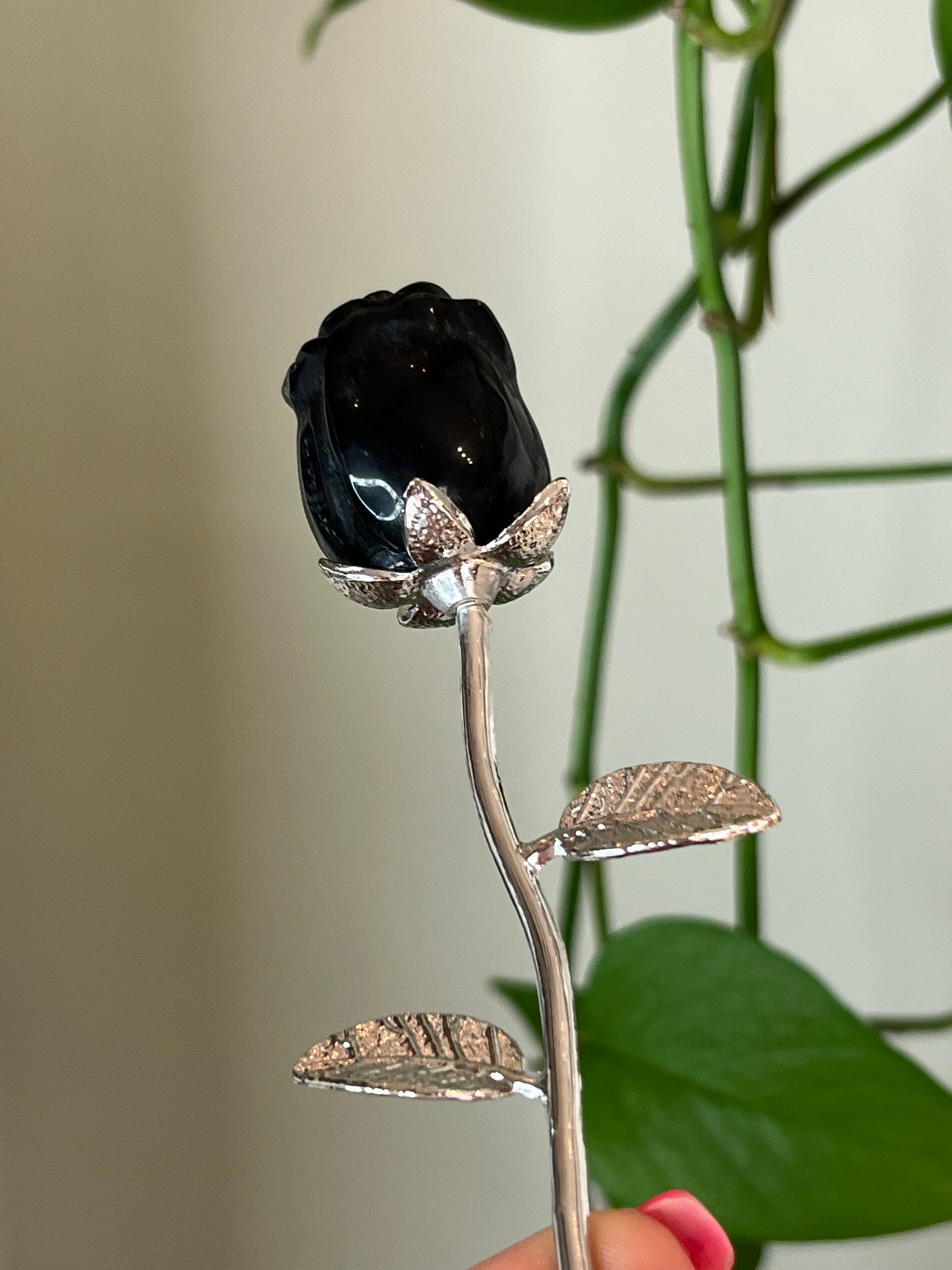 Black Obsidian Rose Silver Stem