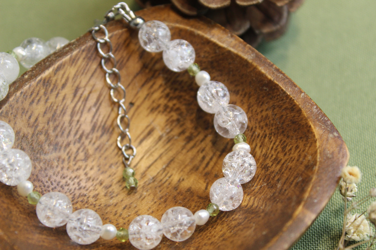 Crackle Quartz, Peridot & Pearl Bracelet