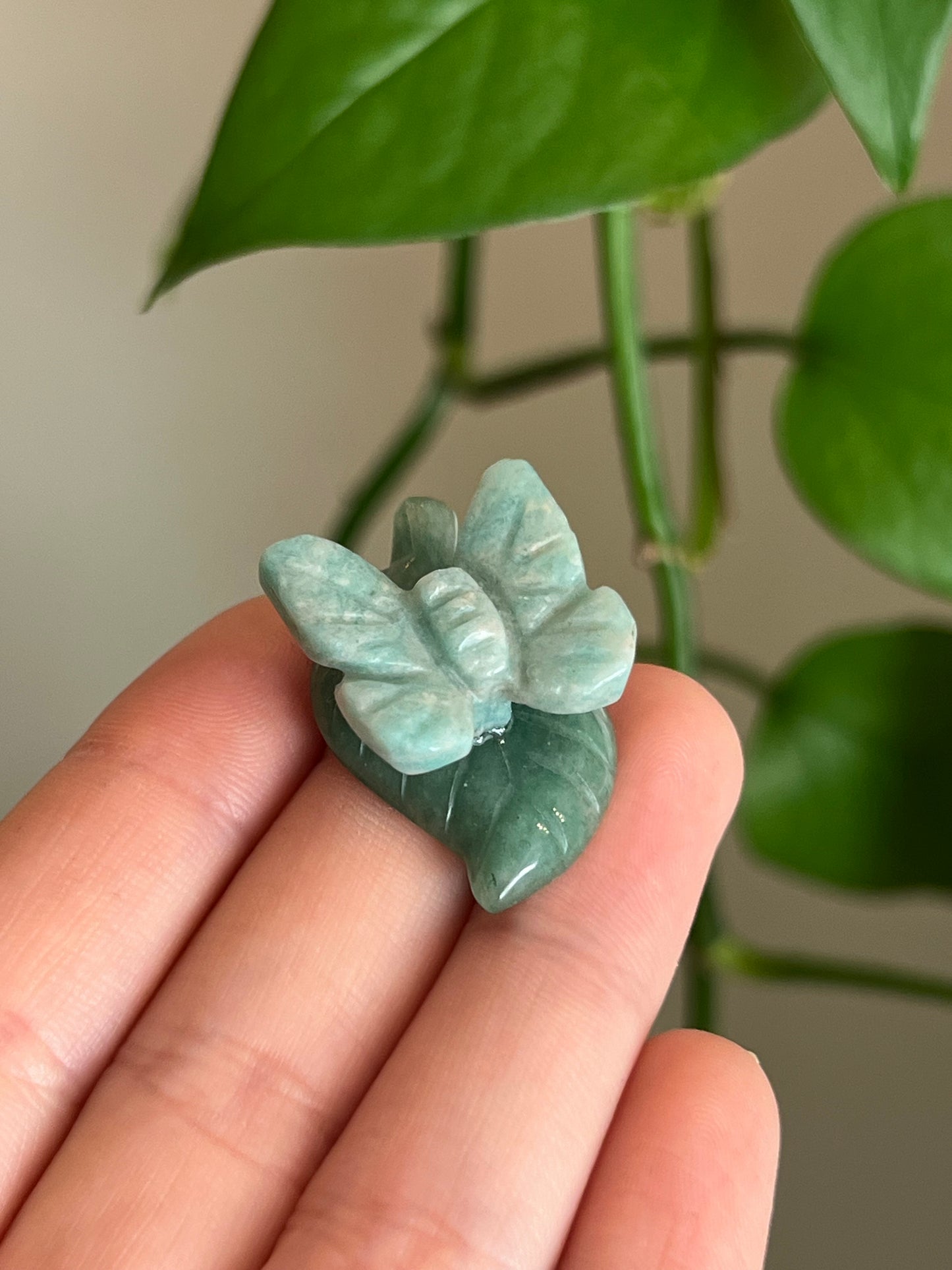 Amazonite Butterfly on Green Aventurine Leaf