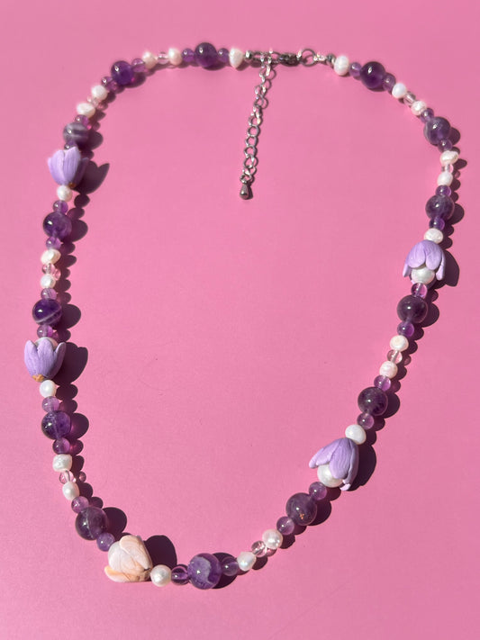Amethyst + Quartz + Pearl Tulip Necklace