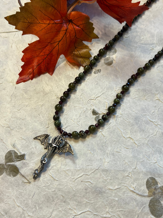 Dragons Blood Jasper + Garnet Beaded Dragon Necklace