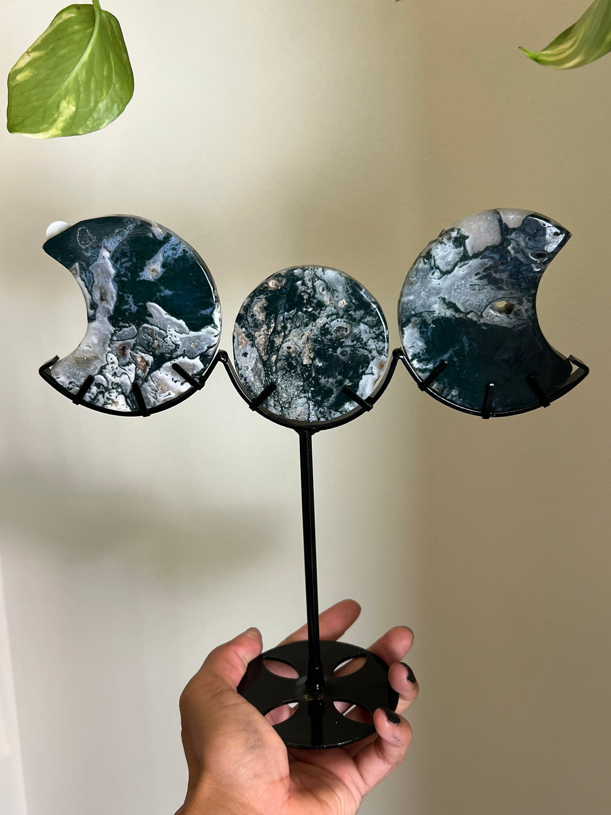 Druzy Moss Agate Triple Moon Stand - M