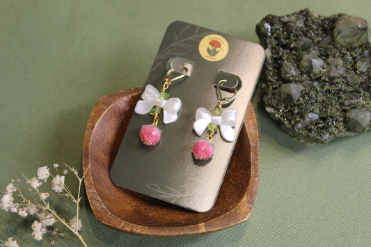 Peridot Pink Berry Bow Gold Hoops