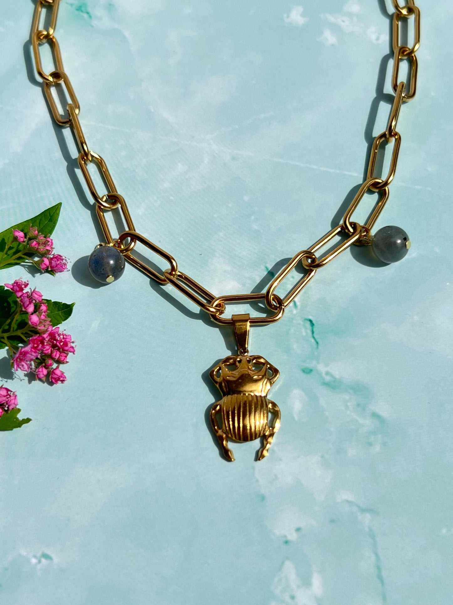 Labradorite Beetle Gold Charm Necklace