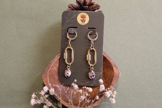 Dalmatian Jasper Gold Carabiner Earrings