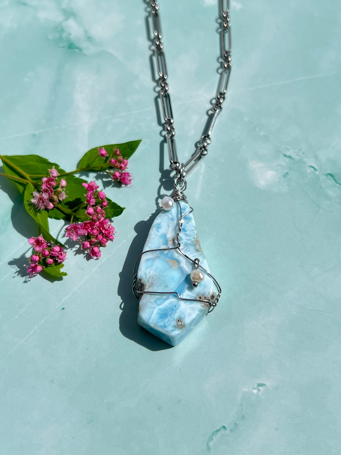 Larimar + Freshwater Pearl Wrapped Silver Necklace