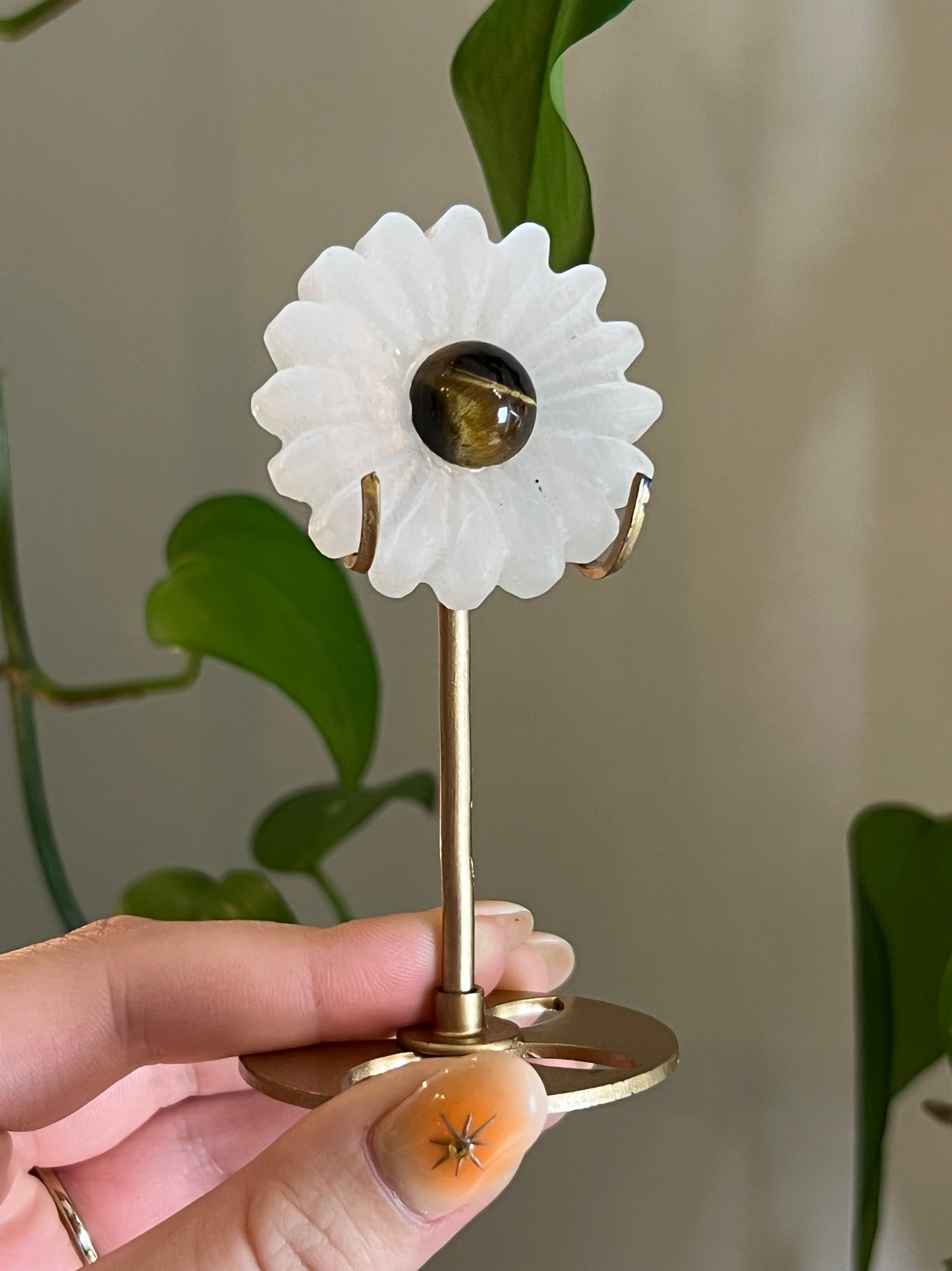Selenite Satin Spar & Tigers Eye Flower Stand
