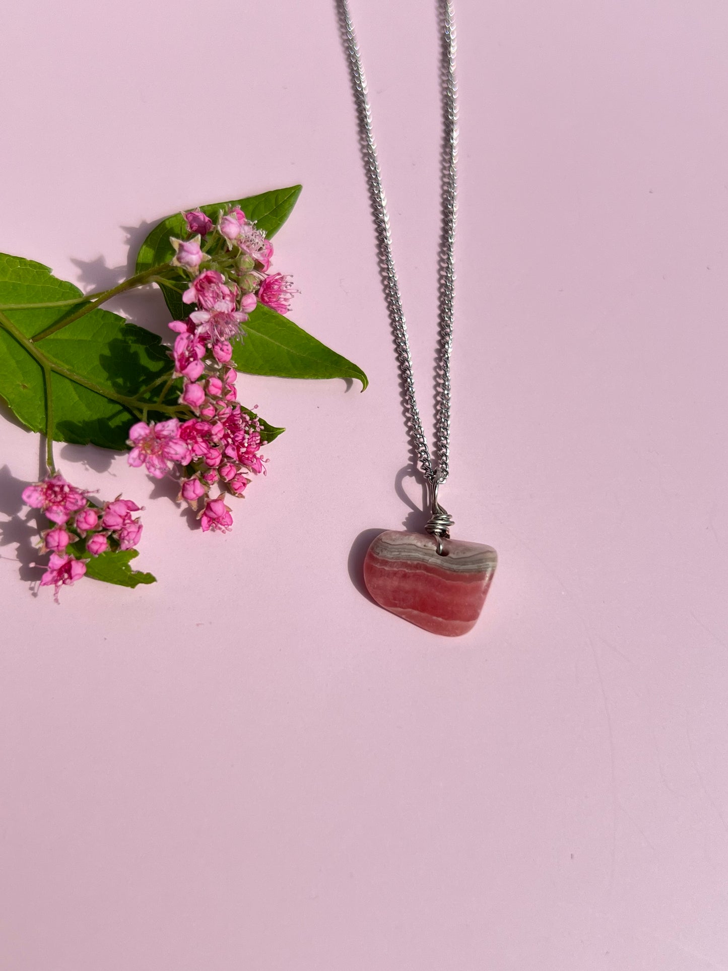 Rhodochrosite Wrapped Dainty Silver Necklace 🌸