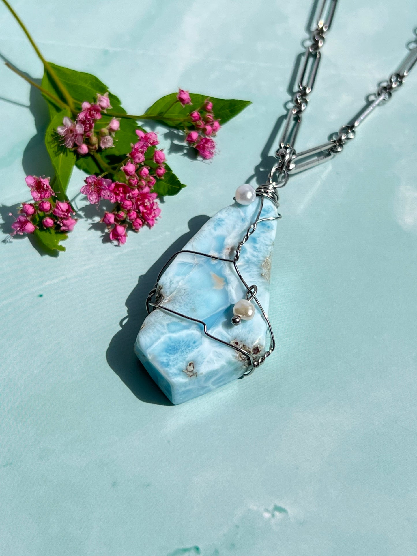 Larimar + Freshwater Pearl Wrapped Silver Necklace