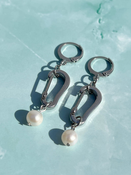 Freshwater Pearl Silver Carabiner Earrings