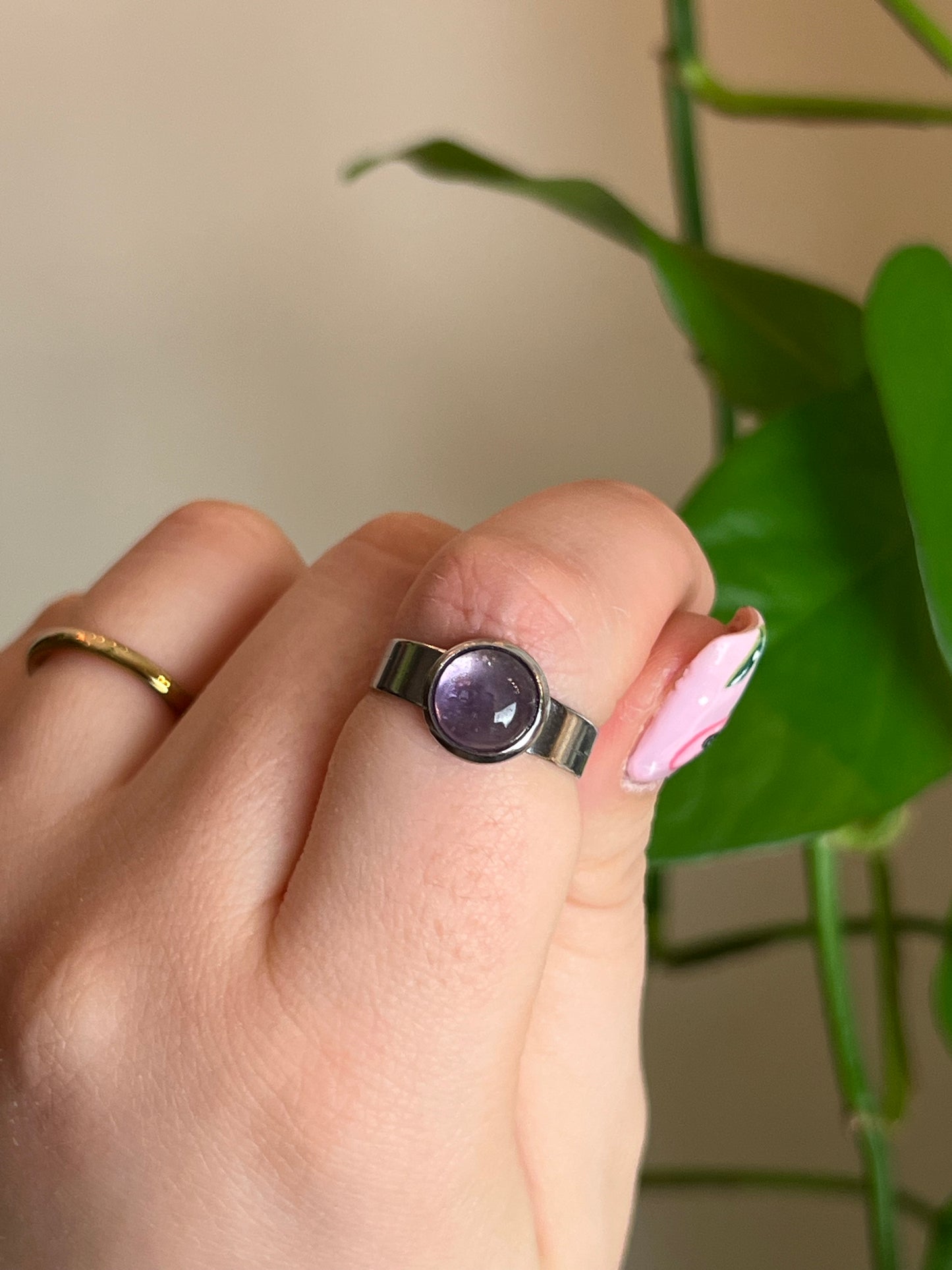 Amethyst Stainless Steel Adjustable Ring