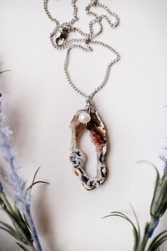 Druzy Agate and Freshwater Pearl Vulva Necklace