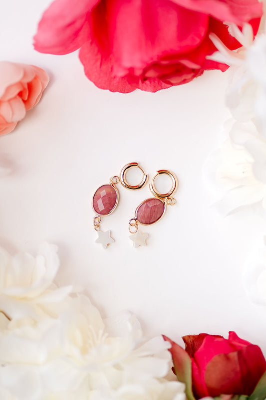 Rhodonite White Shell Star Gold Earrings