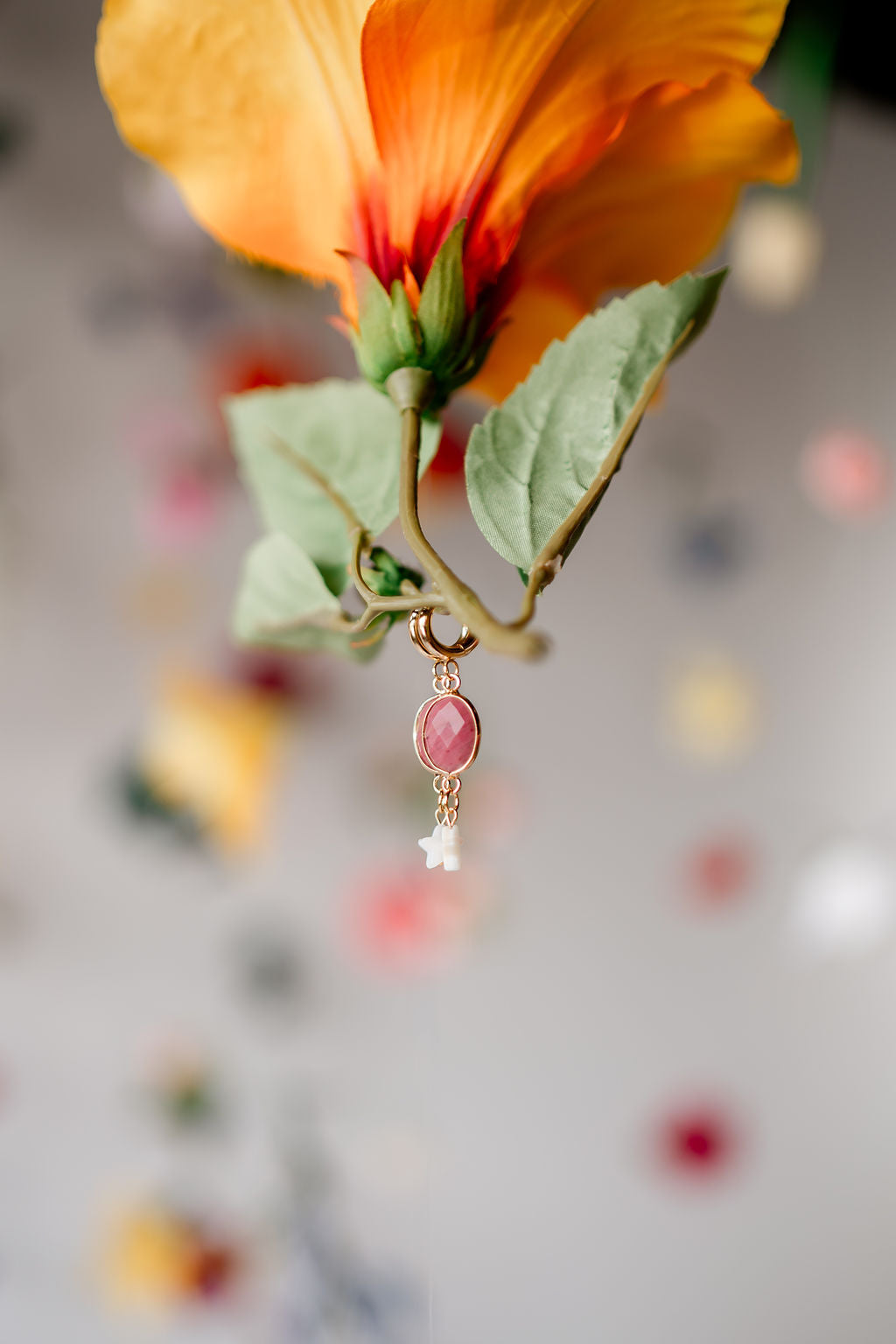 Rhodonite White Shell Star Gold Earrings