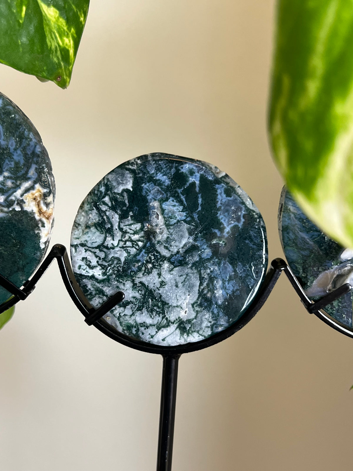 Druzy Moss Agate Triple Moon Stand - N