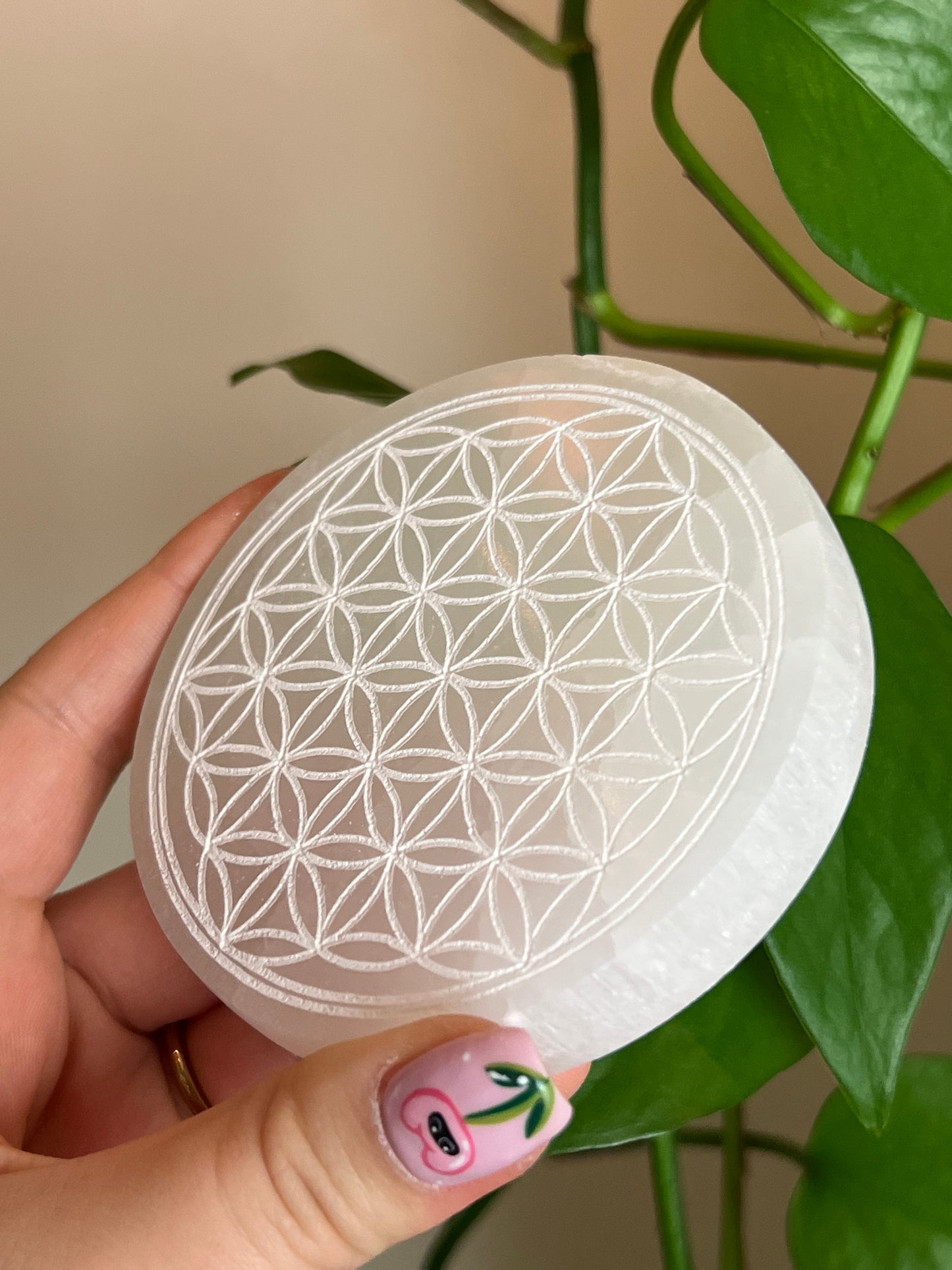 Selenite Satin Spar Flower of Life Small Plate