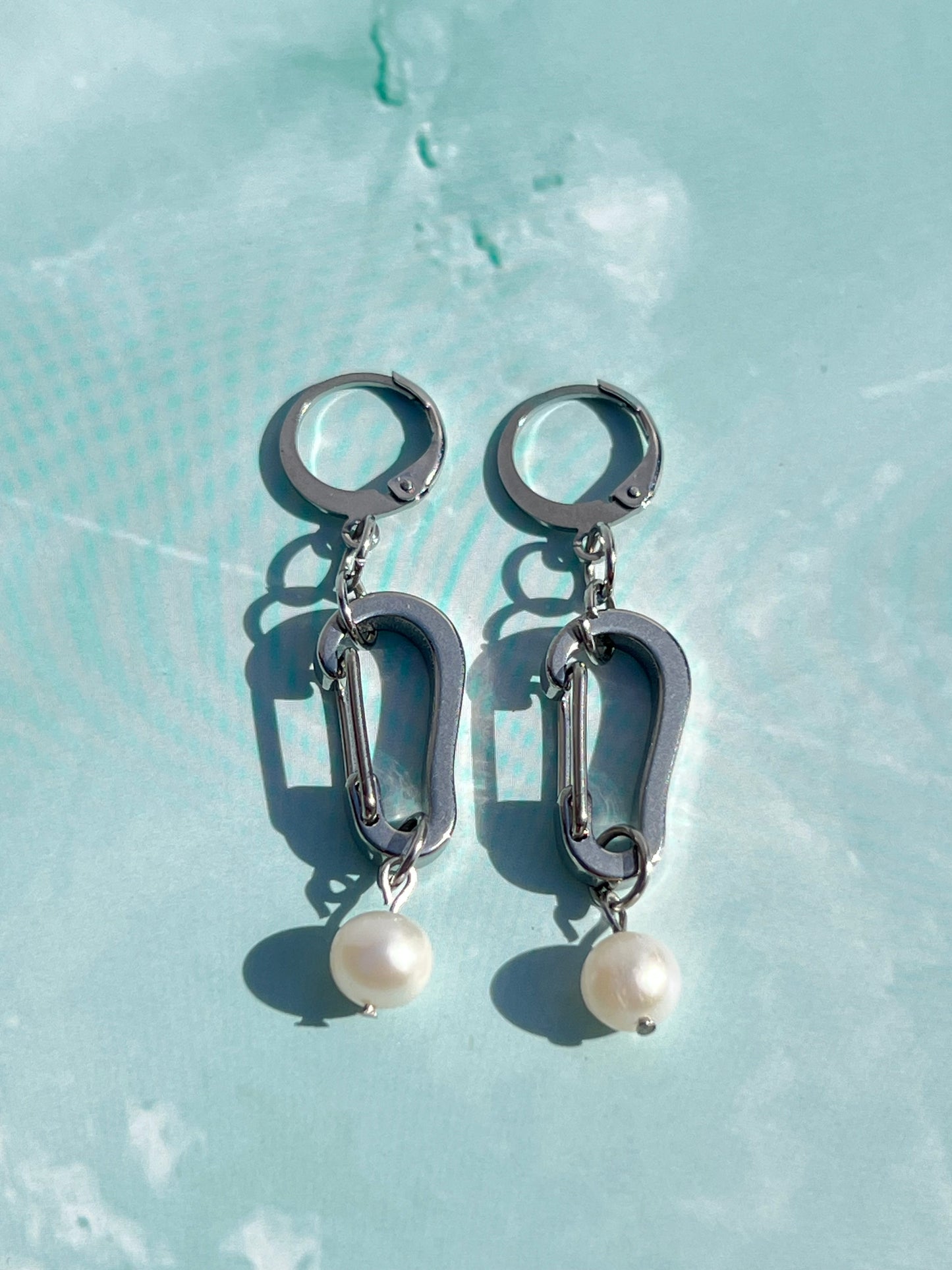Freshwater Pearl Silver Carabiner Earrings