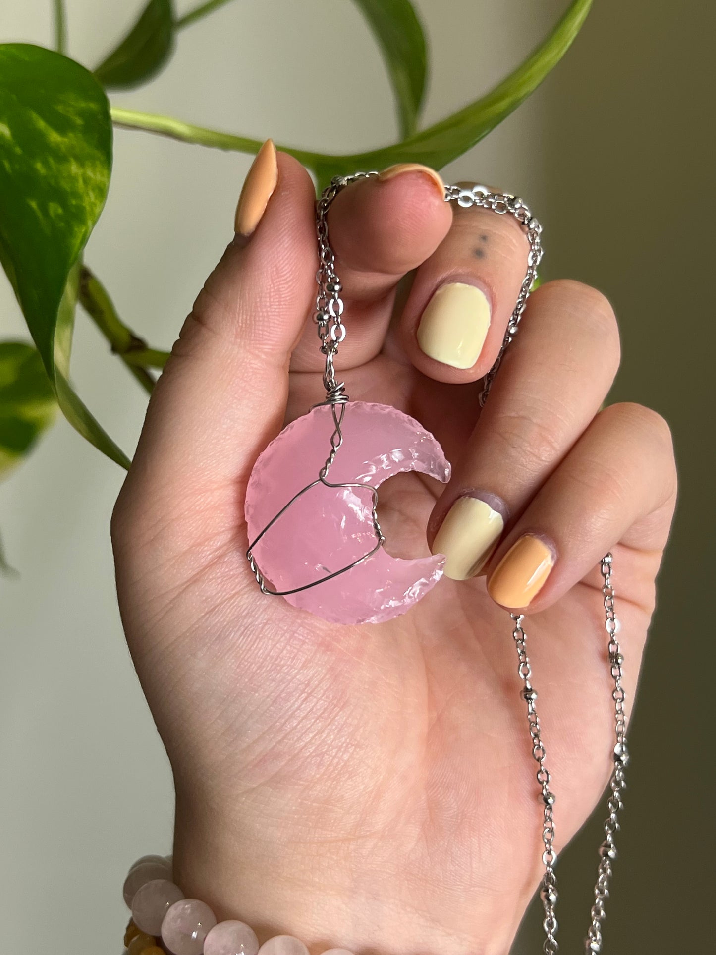 Rose Quartz Moon Wrapped Silver Necklace
