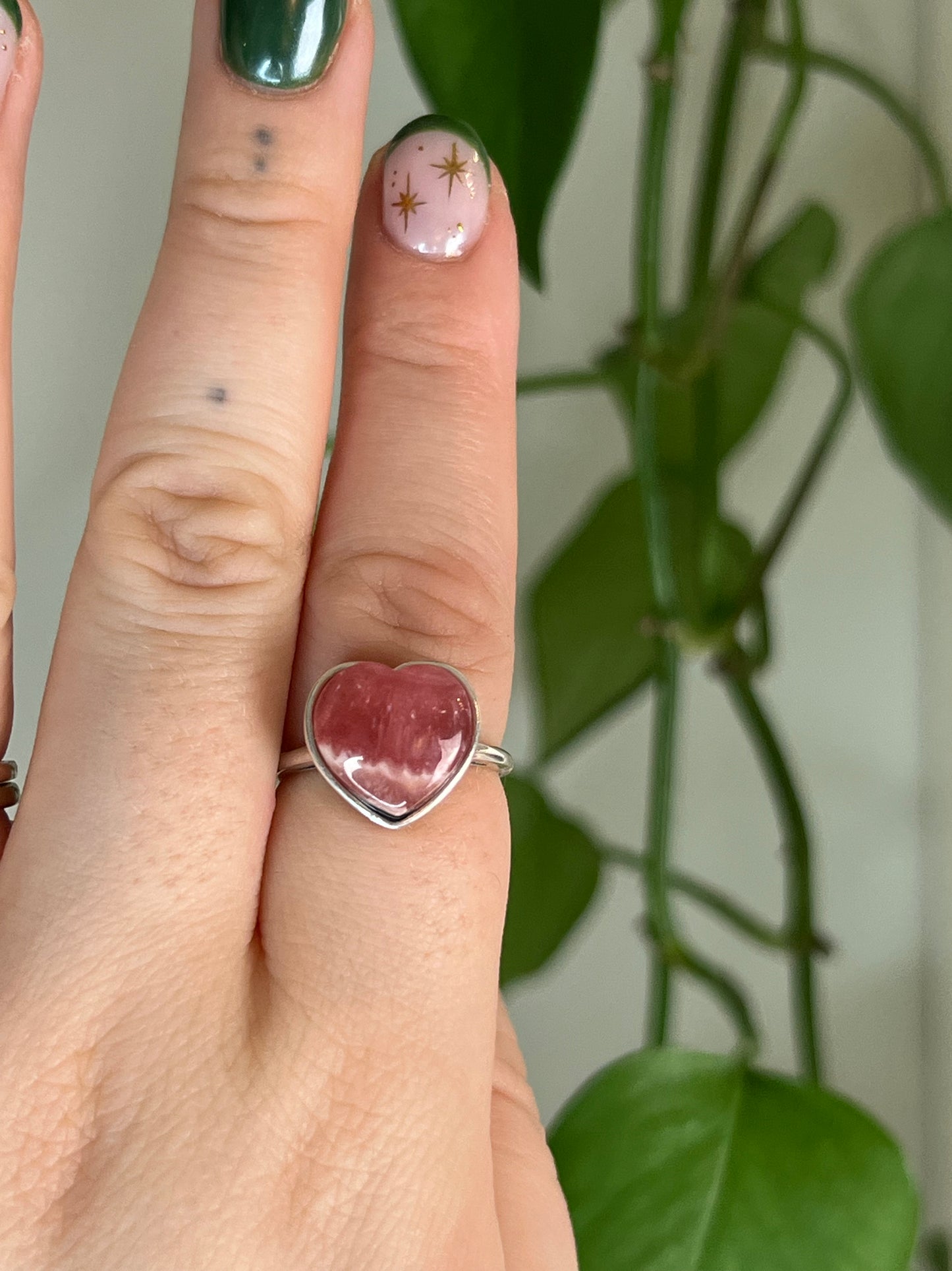 Rhodochrosite Heart Sterling Silver Ring B | Adjustable