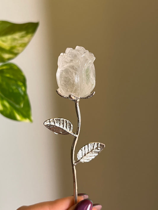 Clear Quartz Rose Silver Stem