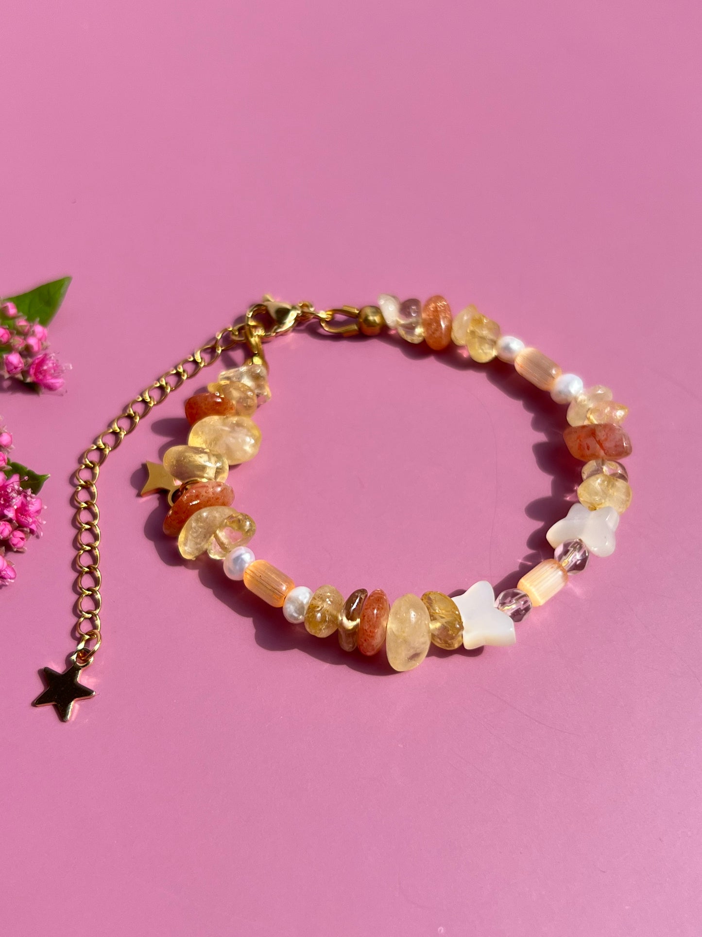 Sunstone + Pearl Butterfly Shell Bracelet ☀️🦋