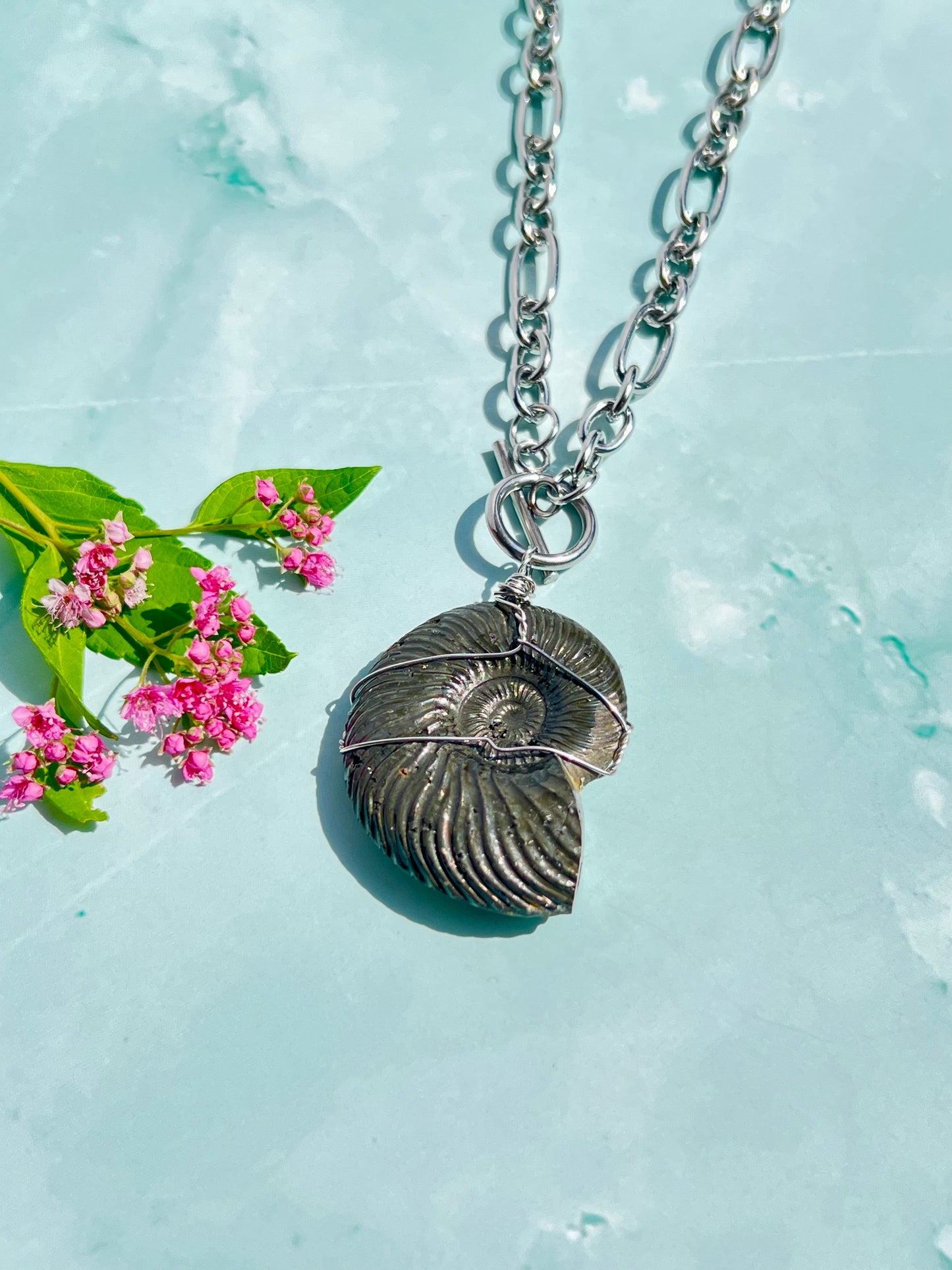 Pyritized Ammonite Fossil (Rare) Wrapped Silver Necklace