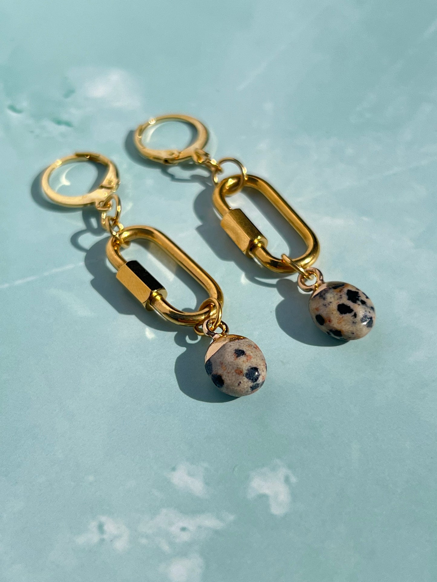 Dalmatian Jasper Gold Carabiner Earrings