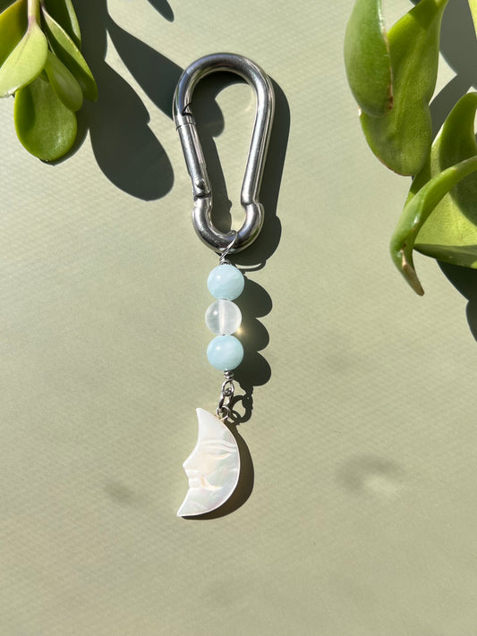 Sky Blue Jade + Selenite Shell Moon Carabiner
