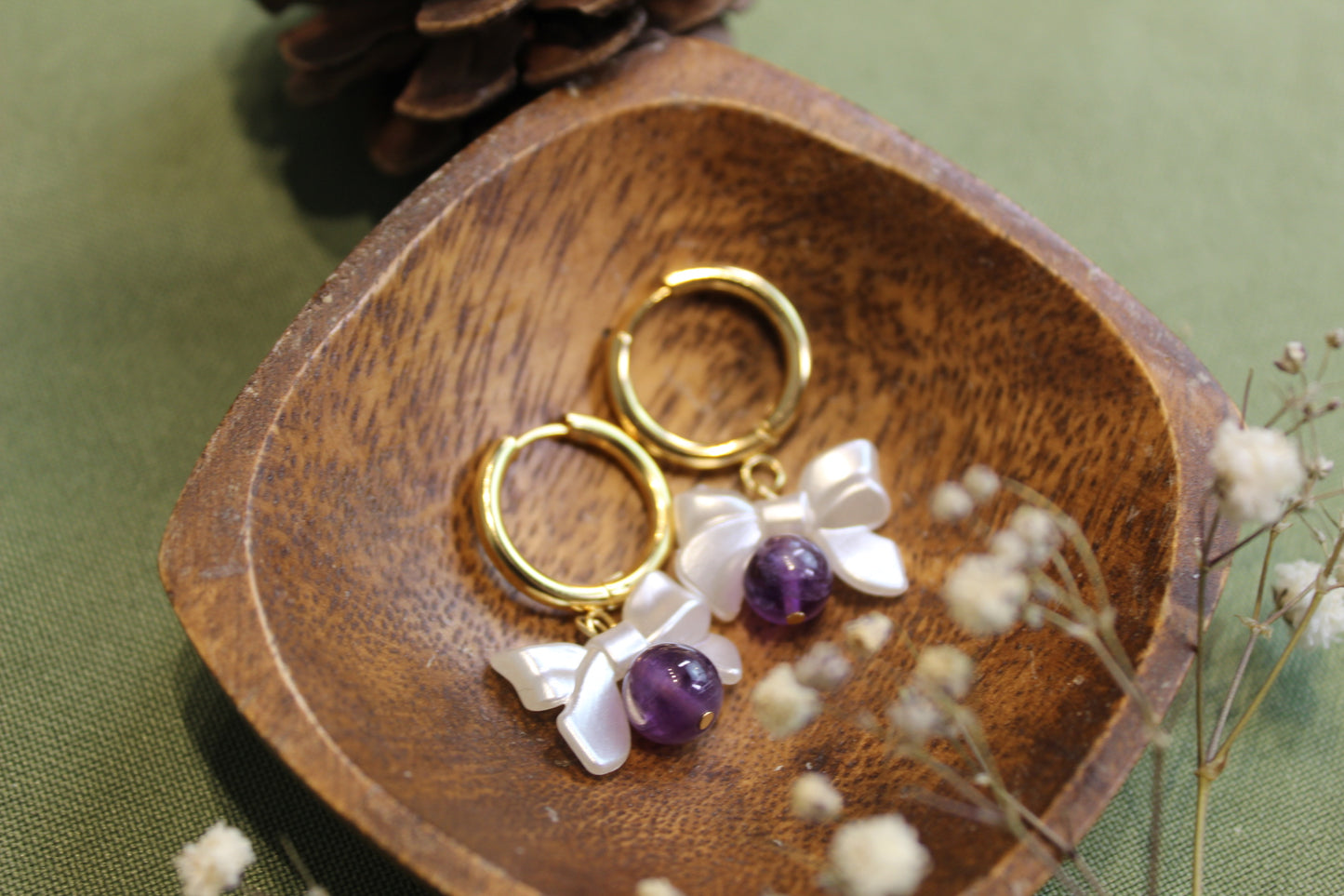 Amethyst Bow Gold Earrings