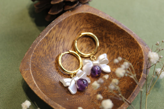 Amethyst Bow Gold Earrings