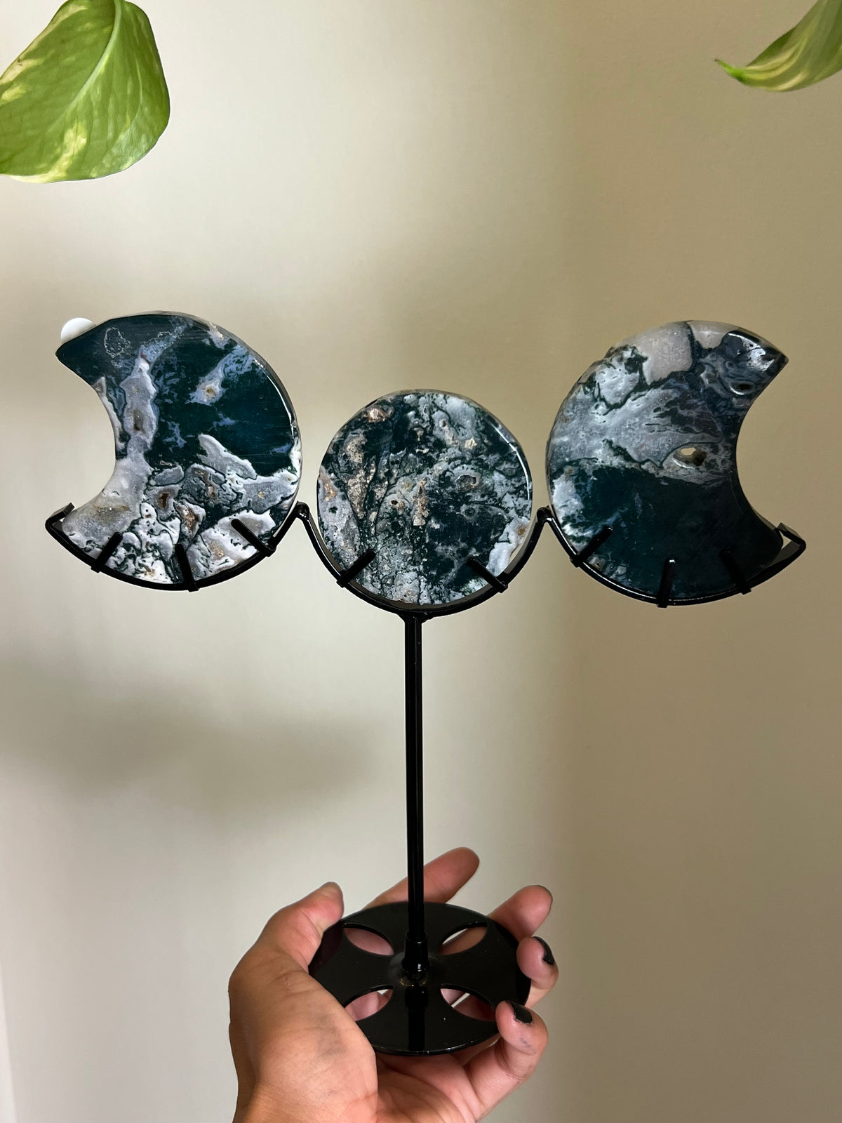 Druzy Moss Agate Triple Moon Stand - M