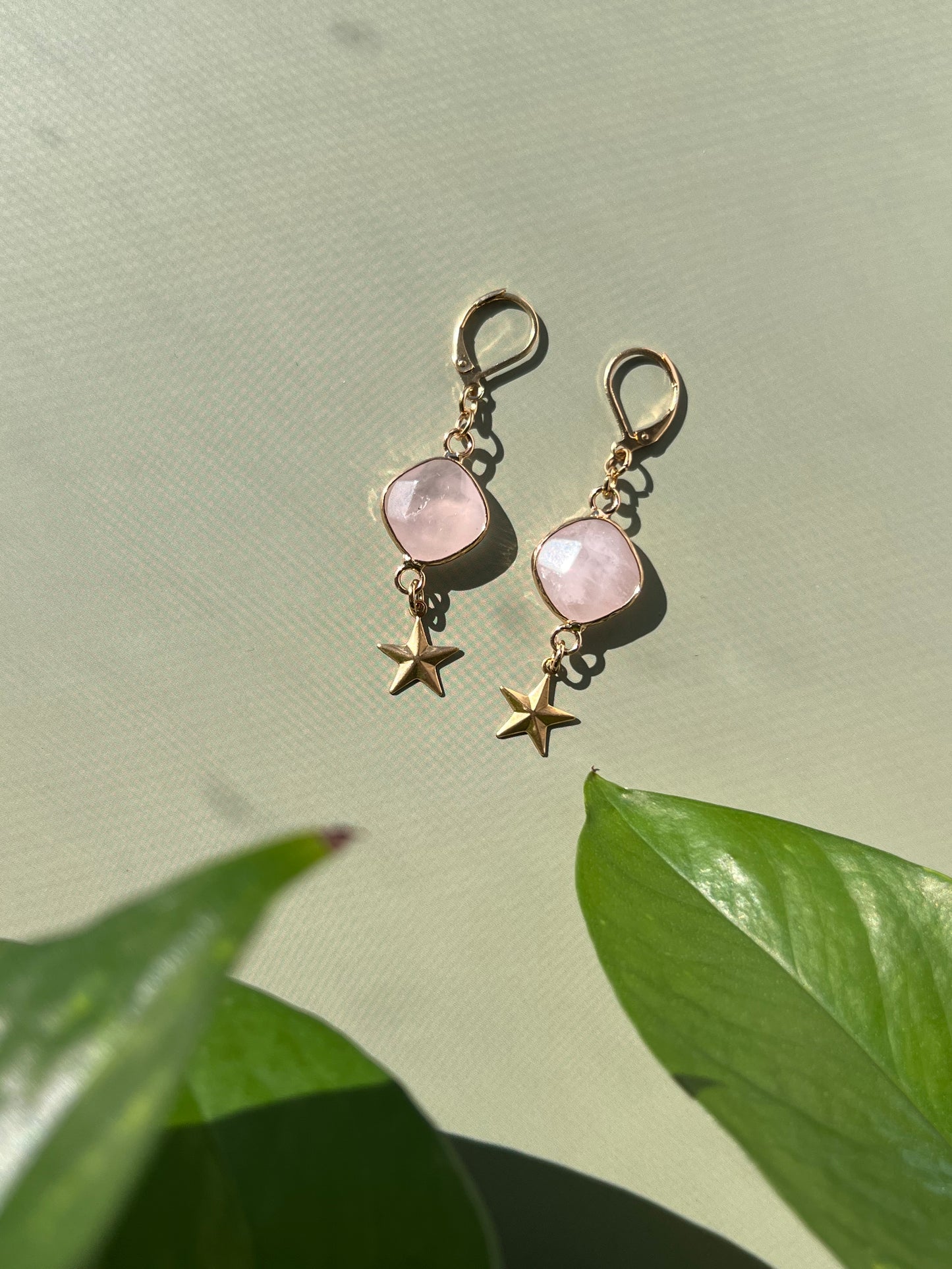 Gold Rose Quartz Star Earrings
