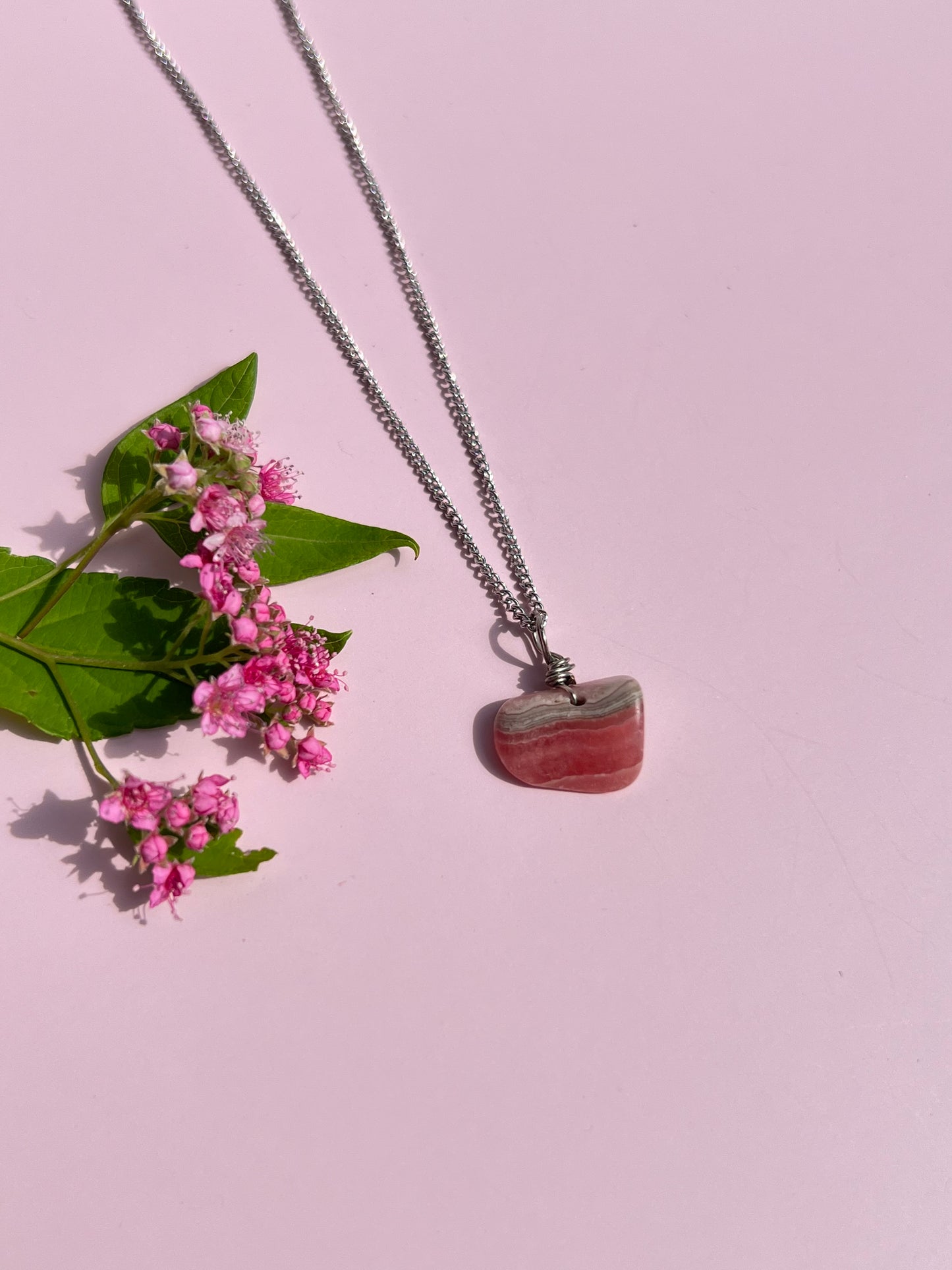 Rhodochrosite Wrapped Dainty Silver Necklace 🌸