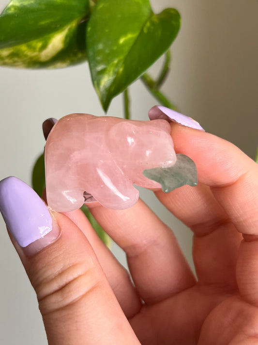 Rose Quartz Bear with Green Aventurine Fish