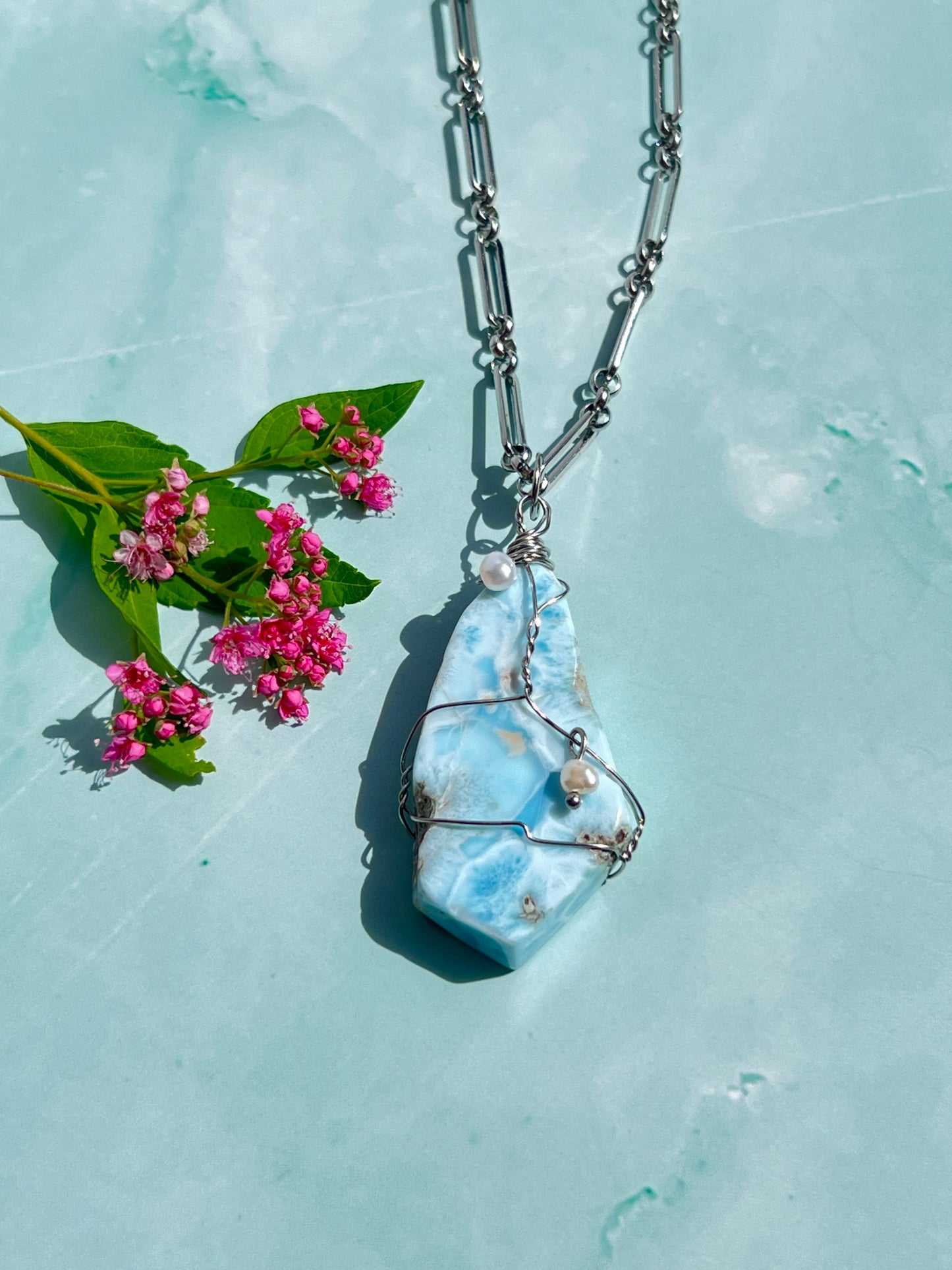 Larimar + Freshwater Pearl Wrapped Silver Necklace