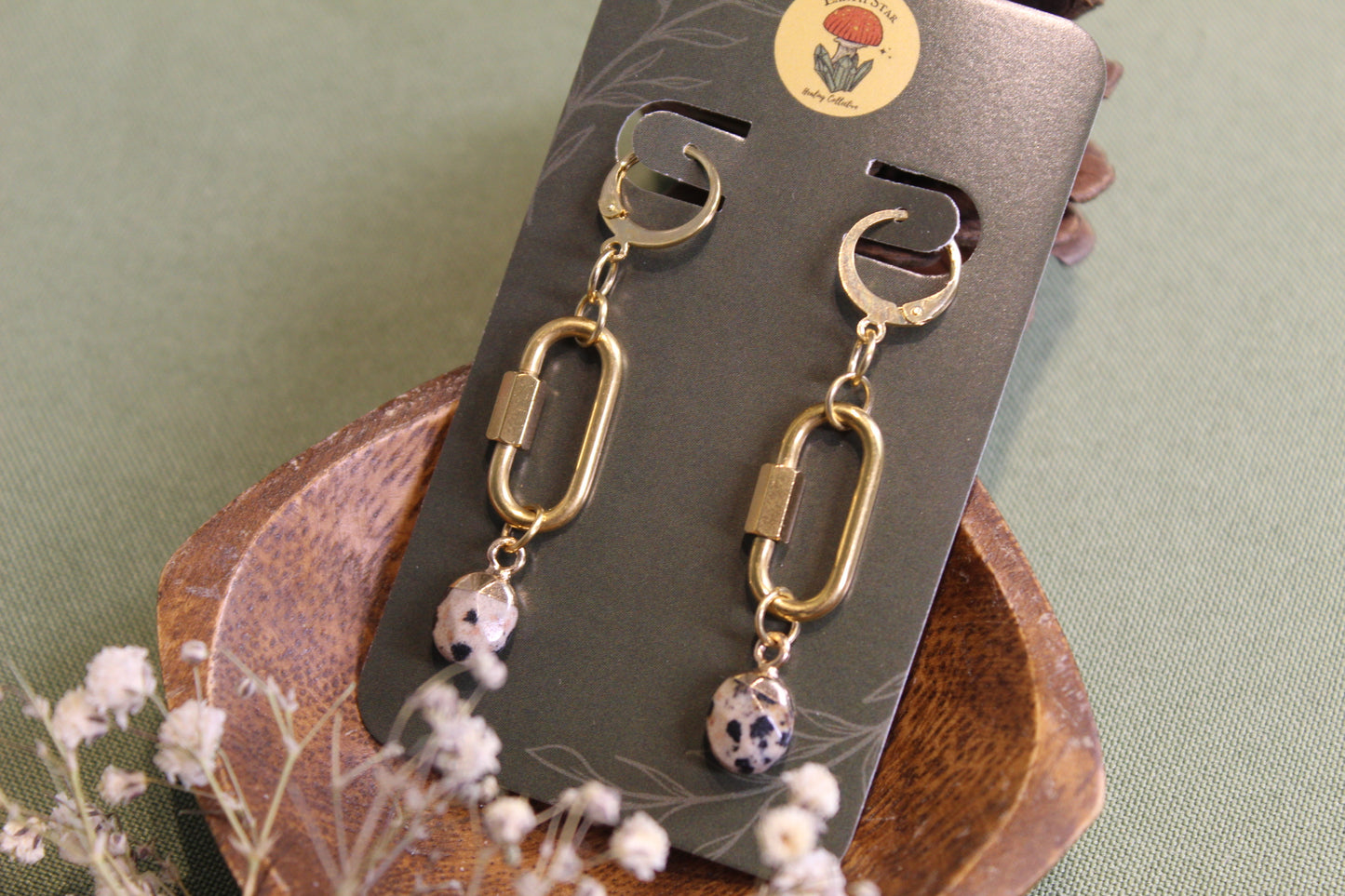 Dalmatian Jasper Gold Carabiner Earrings