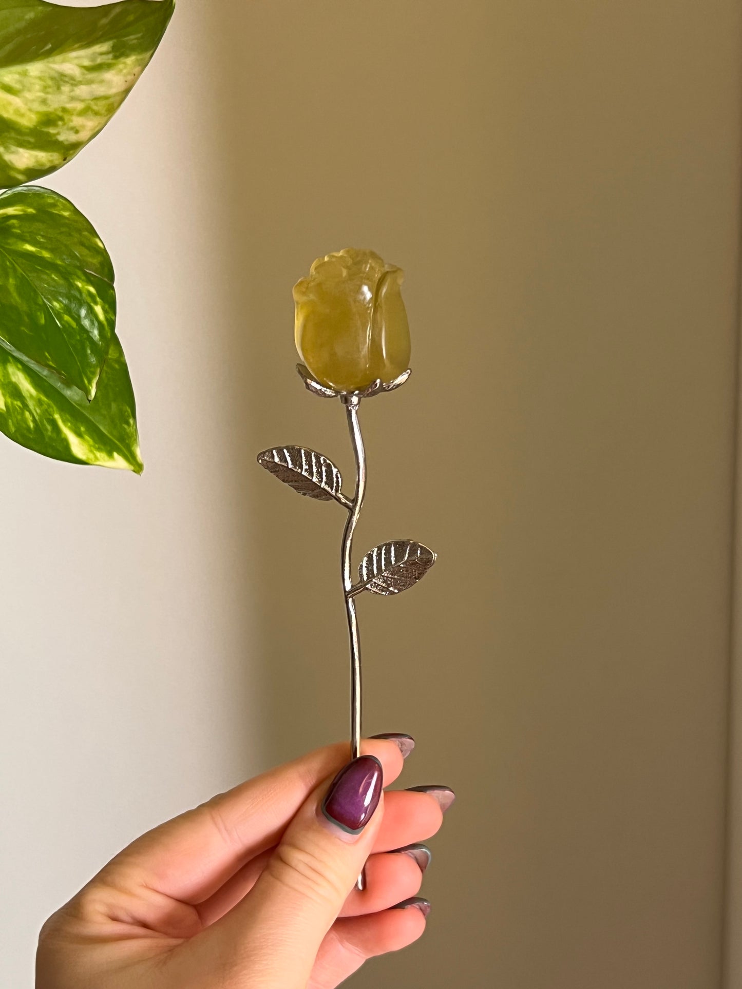 Yellow Fluorite Rose Silver Stem