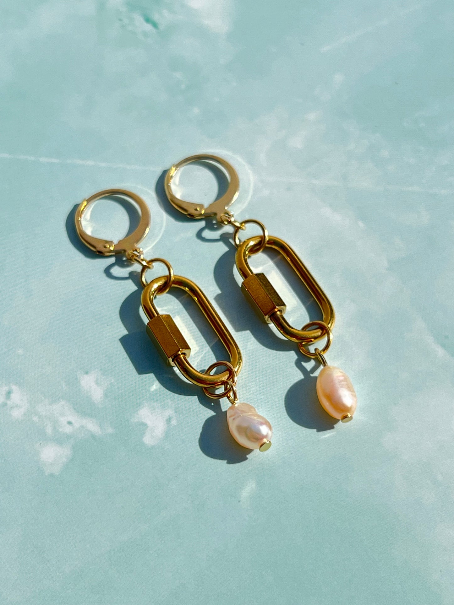 Freshwater Pearl Gold Carabiner Earrings