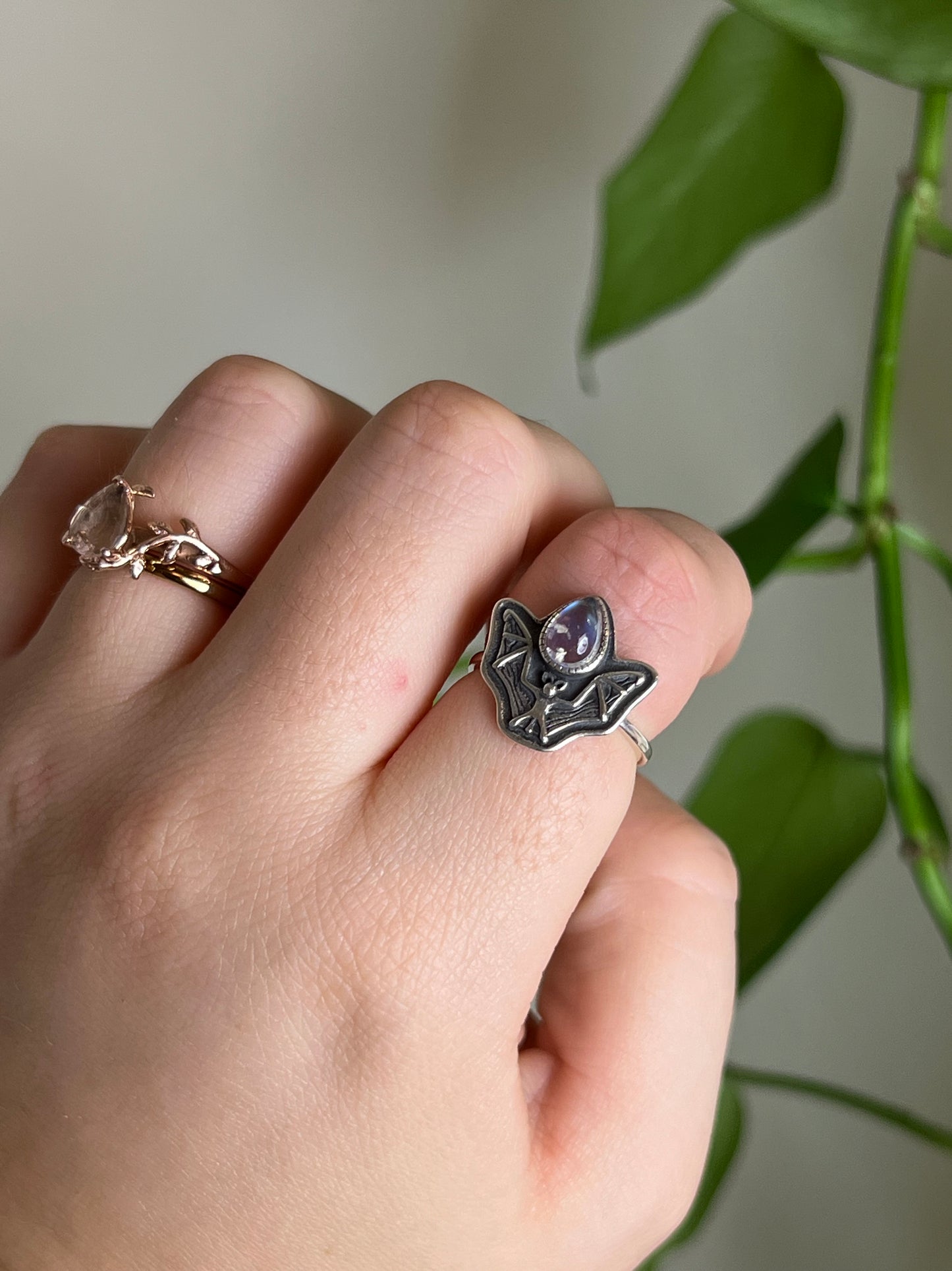 Moonstone Bat Sterling Silver Ring