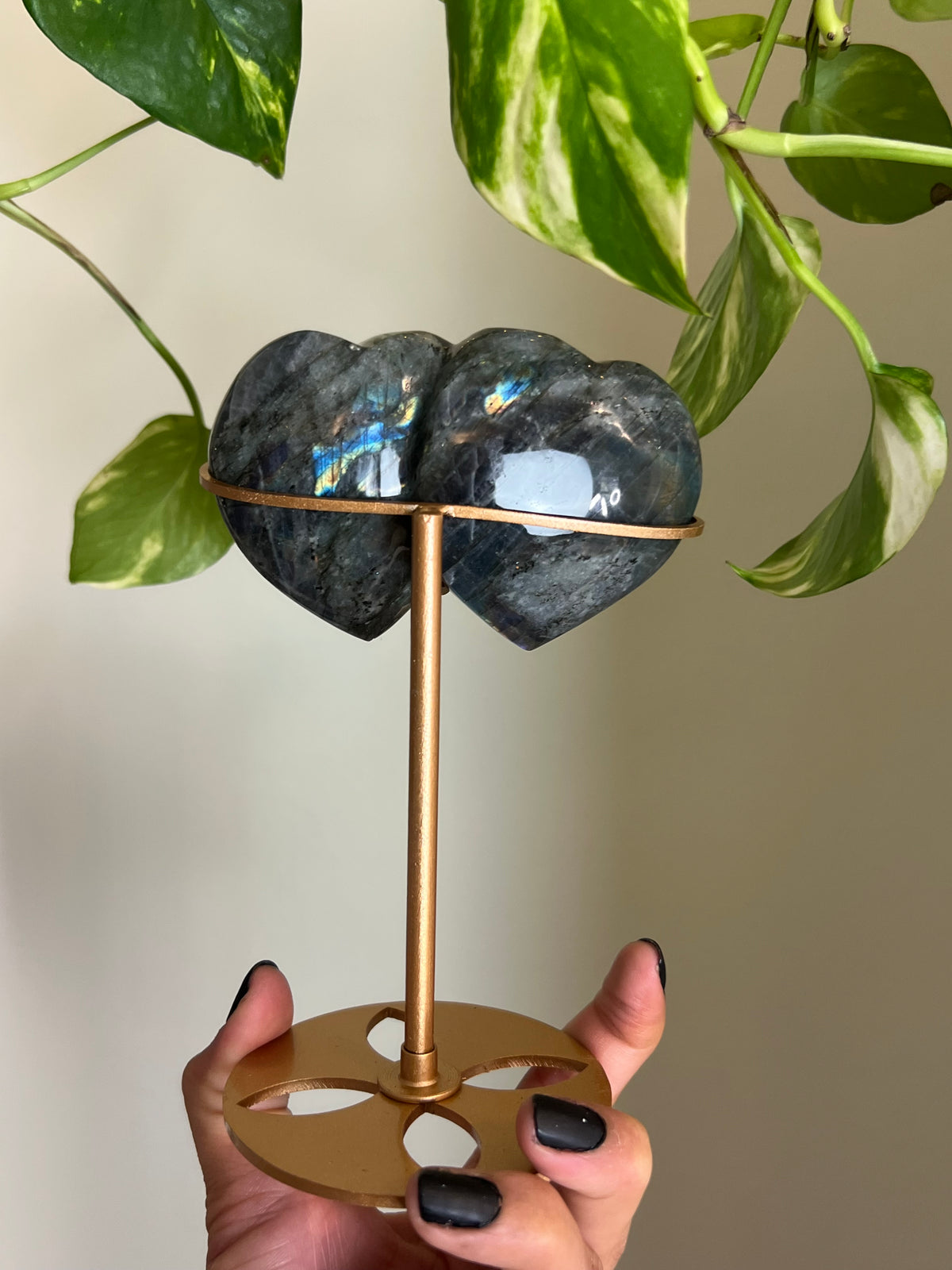 Flashy Labradorite Hugging Heart Duo on Stand