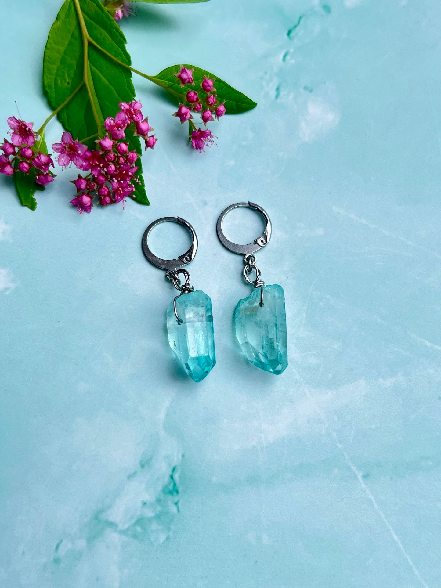 Sky Blue Aura Quartz Point Huggies 🌊
