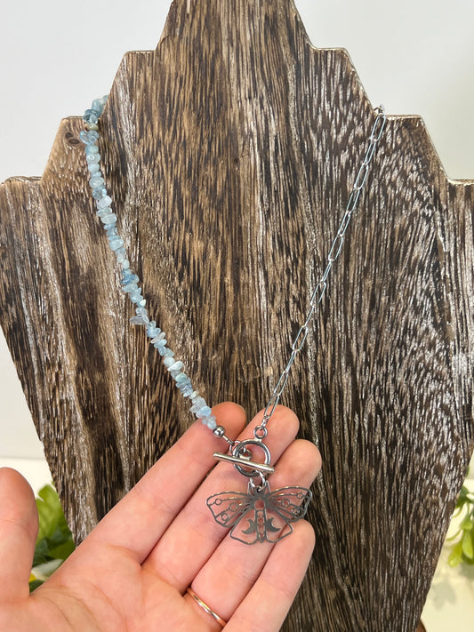 Aquamarine + Moth Necklace
