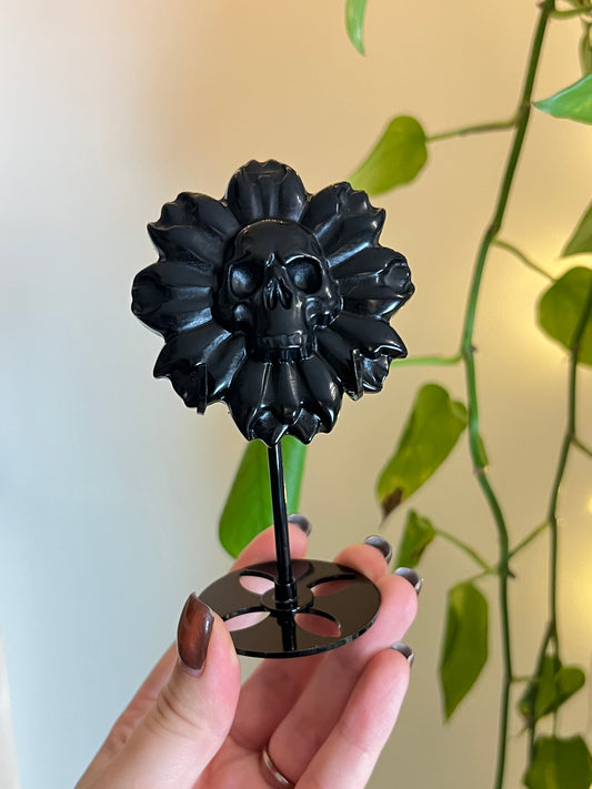 Black Obsidian Skull Flower on Stand