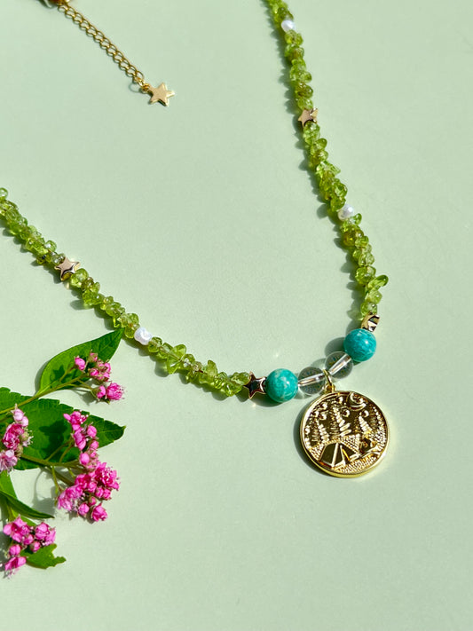 Into The Woods Necklace 🏕️ Peridot Freshwater Pearl Amazonite + Quartz