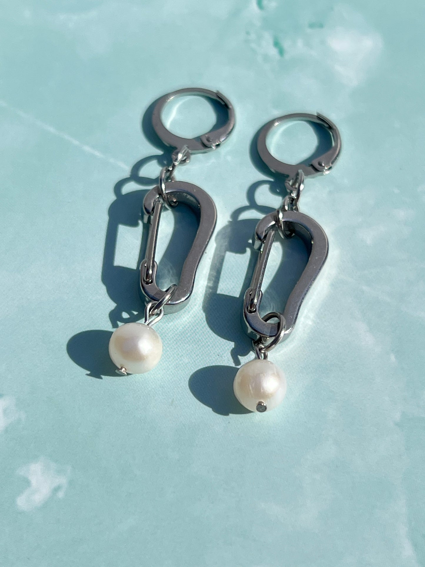 Freshwater Pearl Silver Carabiner Earrings