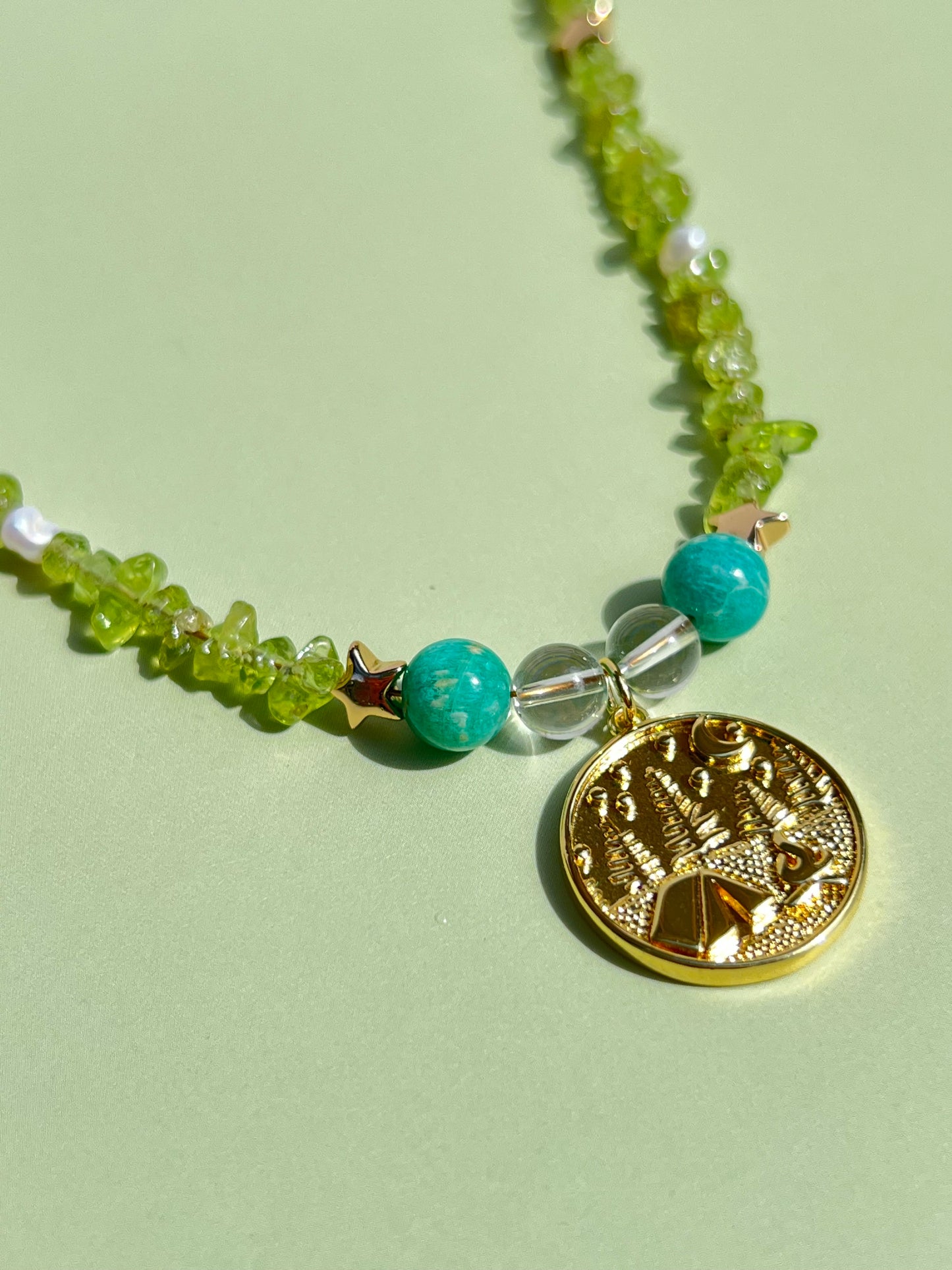 Peridot Freshwater Pearl Amazonite + Quartz Camping Necklace 🏕️
