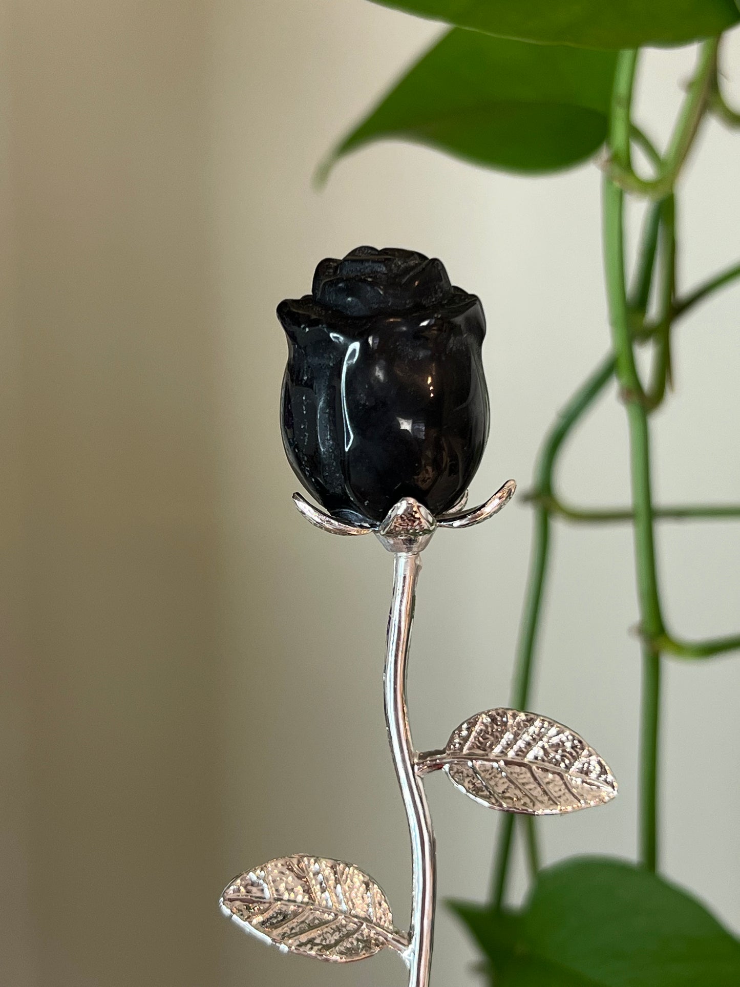 Black Obsidian Rose Silver Stem