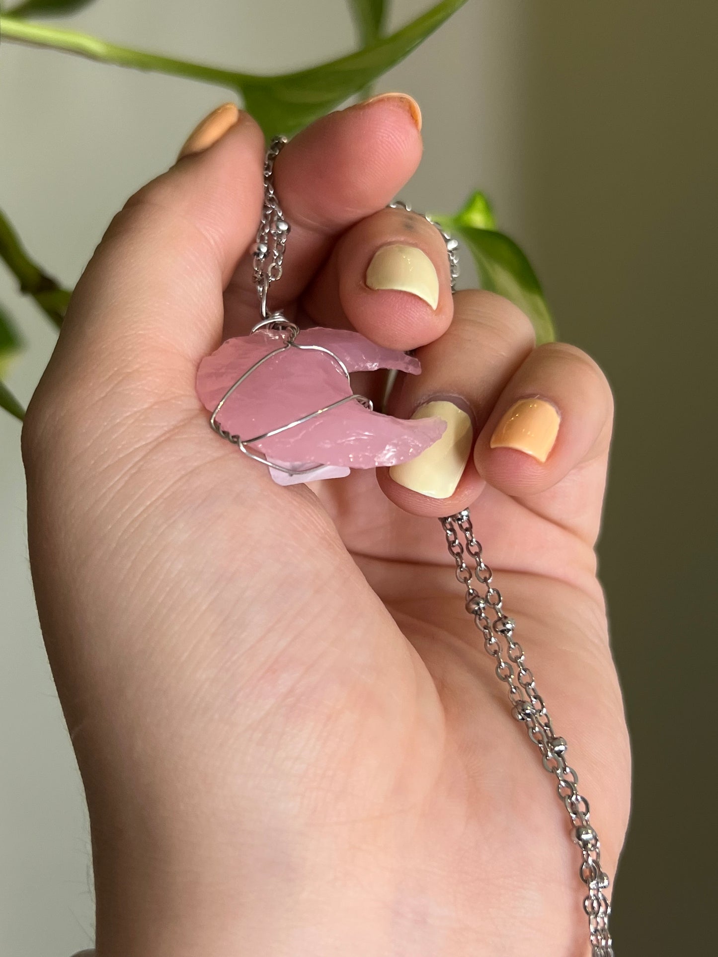 Rose Quartz Moon Wrapped Silver Necklace