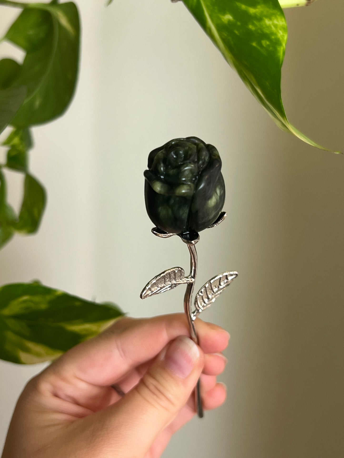 Moody Jade Rose on Silver Stem
